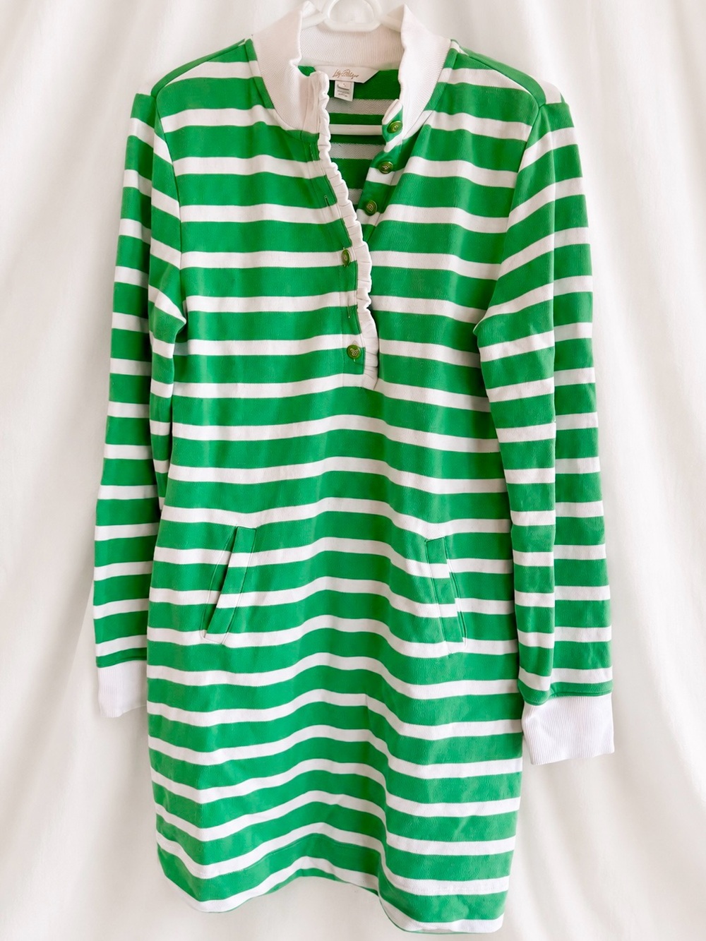 Lilly Pulitzer Green and White Striped Collared Dress with Sleeves